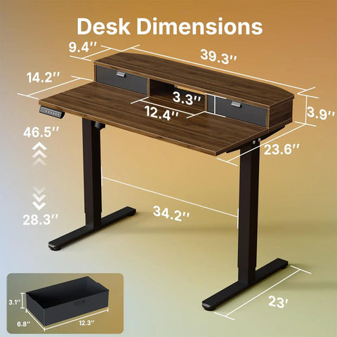 Spacious 40 X 24 Electric Standing Desk With Two Drawers And Hooks dimensions showing adjustable height and drawer sizes