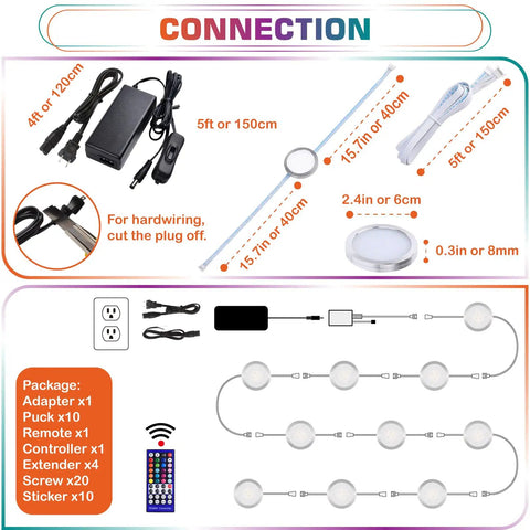 Dope RGBW LED Puck Lights Kit With Remote Dimmer And Color Changing Red Green Blue And Daylight White 6000K connection diagram