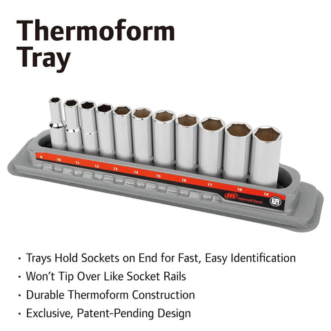 Three Eighth Inch Drive Metric Deep Socket Set 11 Piece 6 Point Sizes 8mm To 19mm Pro Grade Mirror Polished Chrome Vanadium Steel Vertical Knurling For A Beast Grip Includes Thermoform Tray in thermoform tray display