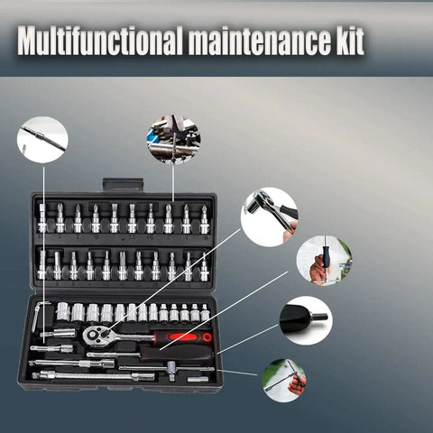 Heavy Duty 46 Piece Drive Socket Ratchet Wrench Set With One Quarter Inch Metric Hex Sockets, Bit Sockets Kit