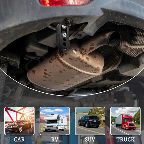 Covzoe exhaust hanger removal pliers, black metal tool installed under car near the muffler tailpipe