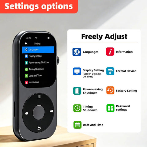 Dope 128GB Bluetooth 5.3 MP3 Player With Built-In Speaker showing settings options on screen and rotary buttons