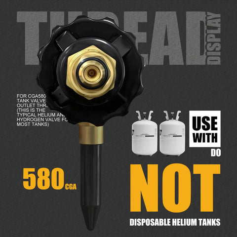 Helium Tank Regulator With CGA580 Valve Latex To Mylar Balloon Inflator Adapter Filler Valve front view, 580 CGA connection