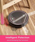 S5 Robot Vacuum Cleaner with ElectroWall Barrier navigating wooden floor, avoiding chair legs, ultra quiet clean for pet hair.