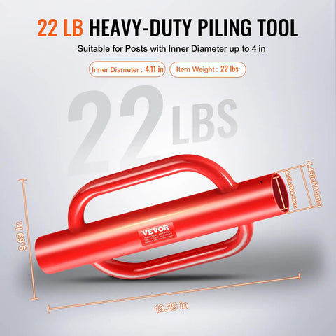Fence Post Driver And Pounder With Ergonomic Handles, 22Lb Heavy Duty Workhorse Carbon Steel Post Rammer, 4.11 Inch Inner Diameter, Red