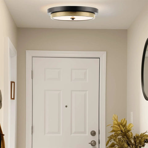 Low Profile Modern LED Ceiling Light 14-Inch, Semi Flush Mount, black finish, birch accents, illuminated in hallway