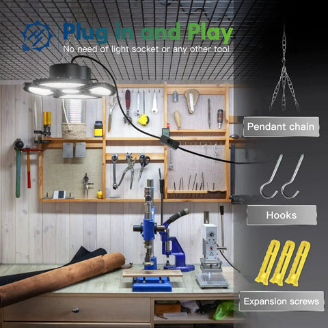 Plug In LED Garage Lights Kit With Four Deformable Panels, 90W 9000 Lumens illuminating a workshop with tools and a workbench