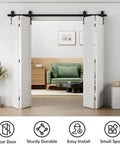 Heavy Duty 80 Inch Bi Folding Sliding Barn Door Hardware Track Kit With Silky Smooth Black Rollers For Quick Room Division And No Sweat Installation in a modern home.