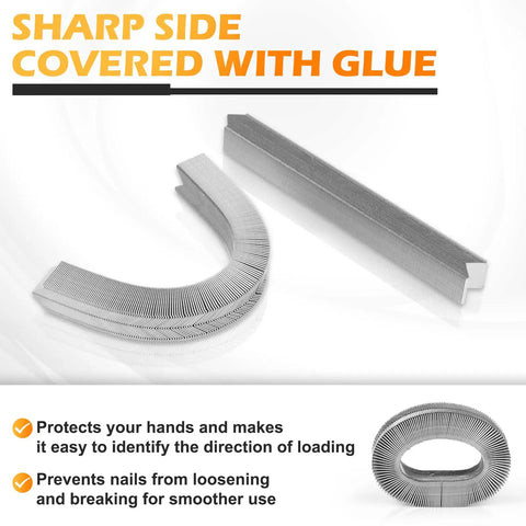 Pro Grade 30 Gauge Carbon Steel V Nails 7MM Length By 10 3MM Width For Nail Techs 4000 Piece Bulk Box shown with sharp side covered with glue.