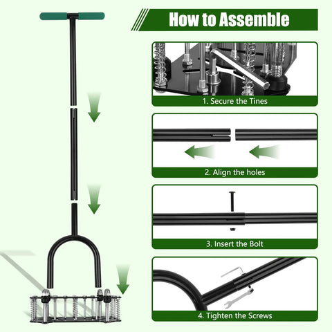 Assembly instructions for Pro Grade Adjustable Lawn Aerator Tool with Rebound Spring and 16 Sharp Metal Spikes