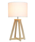 Interlocked Triangular Natural Wood Table Lamp With White Fabric Shade On Cord Easy Switch Sleek Modern Desk Light For Reading And Living Spaces Natural Wood Base Uses 40W Equivalent Bulb Not Included, showing front view with fabric shade illuminated.
