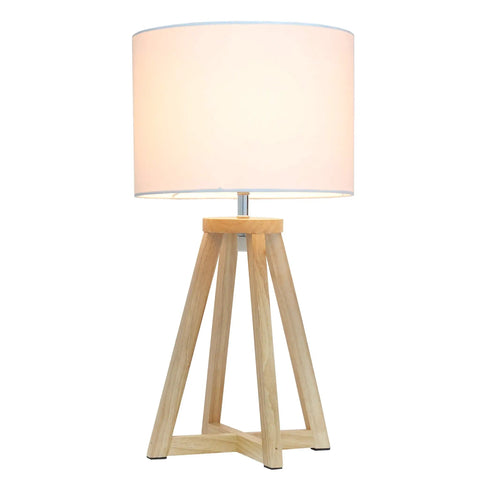 Interlocked Triangular Natural Wood Table Lamp With White Fabric Shade On Cord Easy Switch Sleek Modern Desk Light For Reading And Living Spaces Natural Wood Base Uses 40W Equivalent Bulb Not Included, showing front view with fabric shade illuminated.