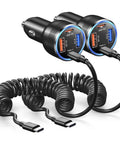 Kickass 65 Watt Type C Car Charger With Pd And Quick Charge Tech Dual Usb A And C Ports showcasing two chargers with coils.