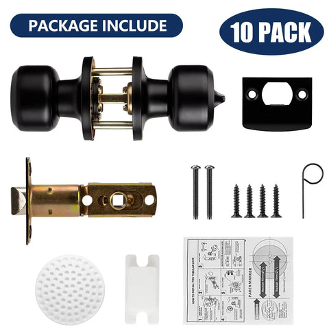 10 Pack Matte Black Door Knobs For Privacy Or Passage Doors With Keyless Doorknob Bedroom Or Bathroom Door Hardware Easy Install Includes Lockset Handle And Instructions shown with parts and screws.