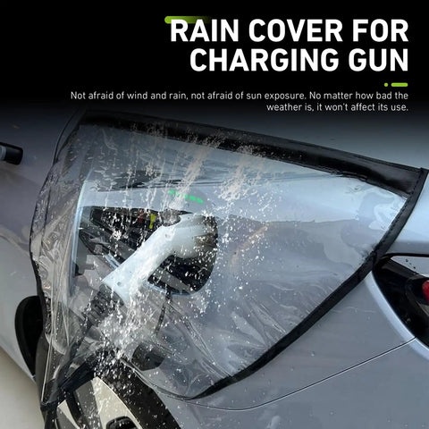 Transparent EV Charger Port Cover With Secure Adhesive Lid, waterproof cover protecting charging gun from rain and dirt.
