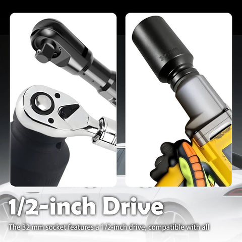 Heavy Duty 32mm Socket Featuring Half Inch Drive And 12 Point Impact Design shown with compatible ratchet and impact wrench.