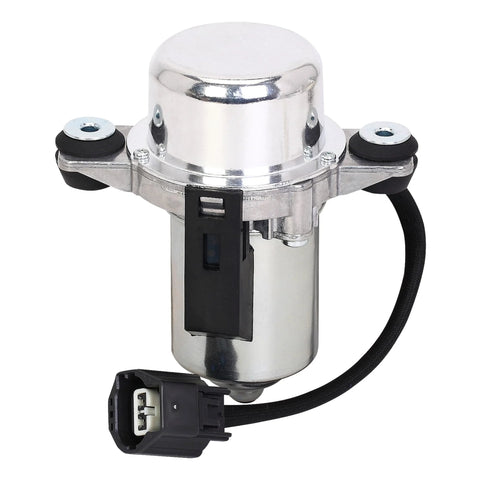 Front view of brake booster vacuum pump with chrome housing, mounting brackets, and black electrical connector.