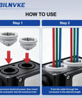 Pro Grade Grey Push In Wire Connectors Screwless Electrical Terminal Blocks No Tools Needed Quick Snap Install shown in use steps.