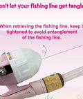 Close-up of pink Kids Fishing Pole Set with Rod and Reel Combo Tackle Box Lures Net Bag 59 Inch showing reel details and advice.
