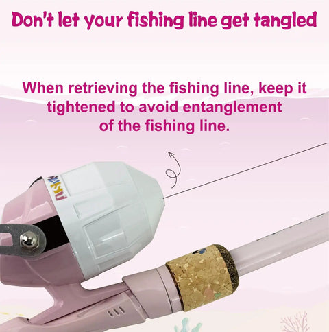 Close-up of pink Kids Fishing Pole Set with Rod and Reel Combo Tackle Box Lures Net Bag 59 Inch showing reel details and advice.