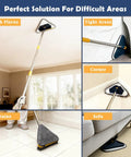 5-In-1 Wall Cleaning Mop With Long Reach Handle, Includes 6 Replacement Microfiber Chenille Pads, Squeegee, Scrubber, and Window Floor Baseboard Cleaning Kit For Painted Walls in use on floor, corners, and high places.
