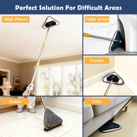 5-In-1 Wall Cleaning Mop With Long Reach Handle, Includes 6 Replacement Microfiber Chenille Pads, Squeegee, Scrubber, and Window Floor Baseboard Cleaning Kit For Painted Walls in use on floor, corners, and high places.