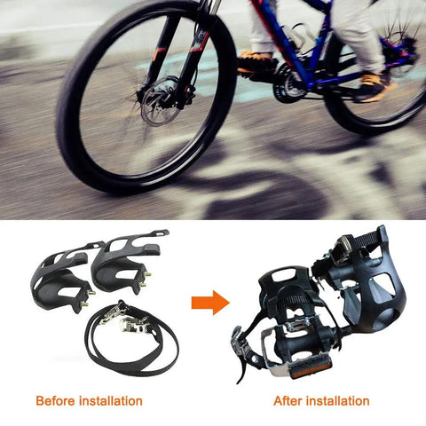 Heavy Duty Bike Pedals With Toe Clip And Strap For Indoor And Outdoor Cycling, before and after installation view.