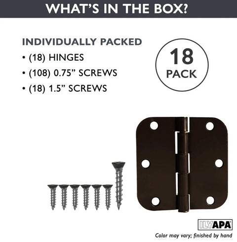 Oil Rubbed Bronze Door Hinges 18 Pack 3.5 by 3.5 inch interior hinges with five eighth inch radius corners antique style set