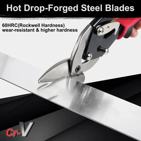 Heavy Duty Tin Snips Set Three Piece Left Right Offset And Straight Cut Metal Shears cutting sheet metal with comfort grips
