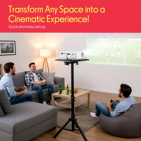 Universal Laptop Projector Tripod Stand Foldable Design Heavy Duty Workhorse Mount in a living room setup projecting a football game