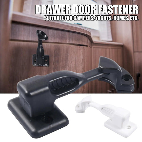 Magnetic Car Door Holder And Retainer for Inside And Outside Use showing black and white nylon latch keeper for campers.