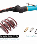 Pneumatic Air Belt Sander With One Quarter Inch Inlet And Three Eighths Inch By Thirteen Inch Belts Includes Twelve Belts In Forty Sixty Eighty And One Twenty Grits For Metal Polishing On Aluminum Iron And Steel Stainless Steel Build Boss Level Tough, with supporting tools and twelve assorted belts visible.