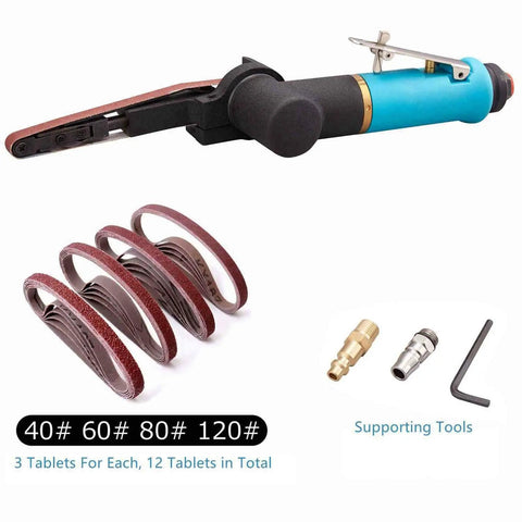 Pneumatic Air Belt Sander With One Quarter Inch Inlet And Three Eighths Inch By Thirteen Inch Belts Includes Twelve Belts In Forty Sixty Eighty And One Twenty Grits For Metal Polishing On Aluminum Iron And Steel Stainless Steel Build Boss Level Tough, with supporting tools and twelve assorted belts visible.