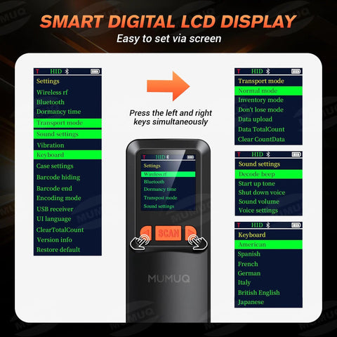 Multi Mode Wireless Barcode Scanner With Bluetooth 1D 2D QR Code Reader 3 In 1 USB 2.4G And LCD Screen shown with settings