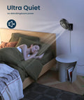 8.5 Inch Wall Mounted Oscillating Fan With Remote And Timer Ultra Quiet 4 Speed Options installed above a sleeping person in a bedroom