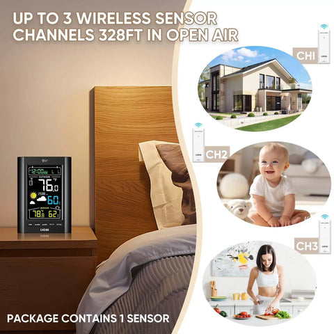 Wireless Indoor Outdoor Weather Station with Thermometer and Humidity Monitor on nightstand, 330ft range sensor