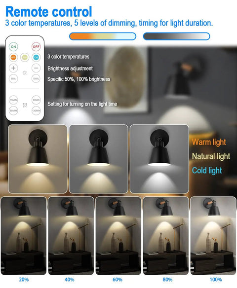 Black Wireless Led Wall Sconces Set Of Two With Remote Control Dimmer And Auto Timer Zero Drilling Hassle Straight Forward Battery Mount showing different light temperatures and brightness levels.