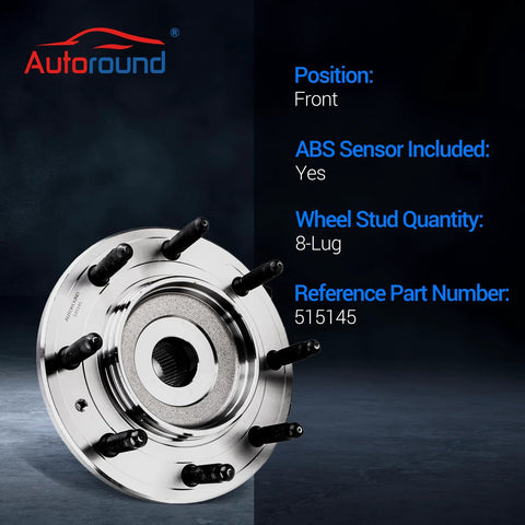 Front view of front wheel hub and bearing assembly for 2011-2020 Chevrolet Silverado and GMC Sierra 2500 HD 3500 HD 4WD 8 Lug with ABS.