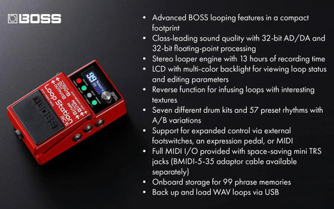 RC-5 Loop Station High Resolution 32-Bit AD/DA and 32-Bit Float Processing Looper shown on black background with feature list.
