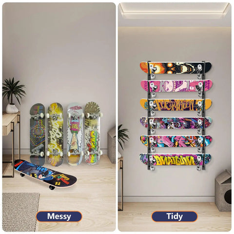 Rad Six Tier Skateboard Wall Mount And Snowboard Rack Heavy Duty Horizontal Board Hanger For Stashing Decks Skis Longboards Plus Kiteboards Sleek Black Wall Storage System in tidy setup.