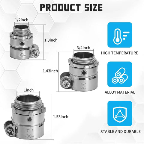 Diagram showing sizes of 20 Pack Squeeze Connector Conduit Fittings Three Quarter Inch Flexible Metal Conduit Kit for Electrical Wiring