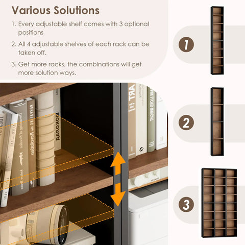 Heavy Duty Eight Tier Narrow Bookshelf With Adjustable Wooden Shelves Sleek Media Tower Rack For DVD And CD Storage Top Shelf Particleboard Design Sweet Space Saving Storage For Living Room