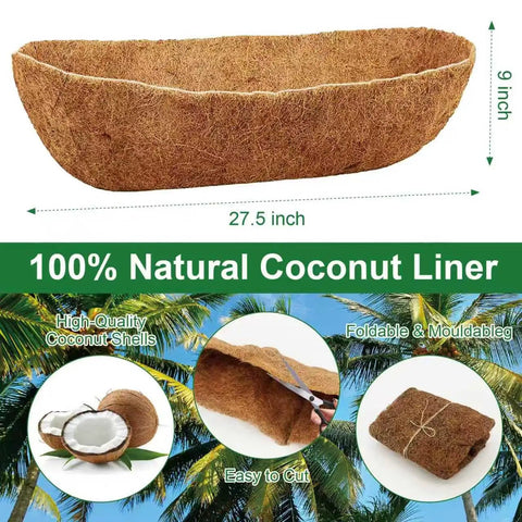 Two Pack 24 Inch Coconut Liners For Planters Trough Coco Liners For Window Boxes Fence Flower Baskets Hanging Baskets Planter Box Liners Durable Easy Fit For Gardening Enthusiasts, showing a 27.5 inch natural coconut liner with cutting and folding features.