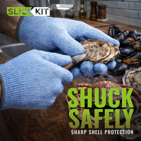 Ambidextrous ANSI A6 Cut Resistant Gloves For Chefs And Butchers Blue Food Safe Pro Grade Hand Protection For Mandoline Slicing And Oyster Shucking With Premium Comfort And Dexterity being used for oyster shucking