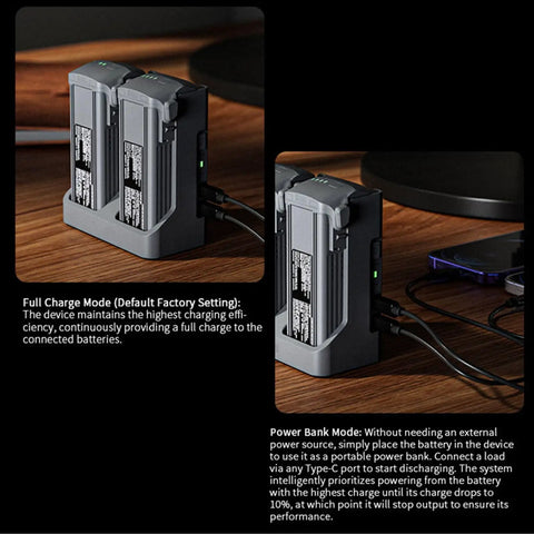 Two Way Battery Charger Station For Air 3S And Air 3 Drones, 65W Fast Charging Hub with dual batteries on wooden surface