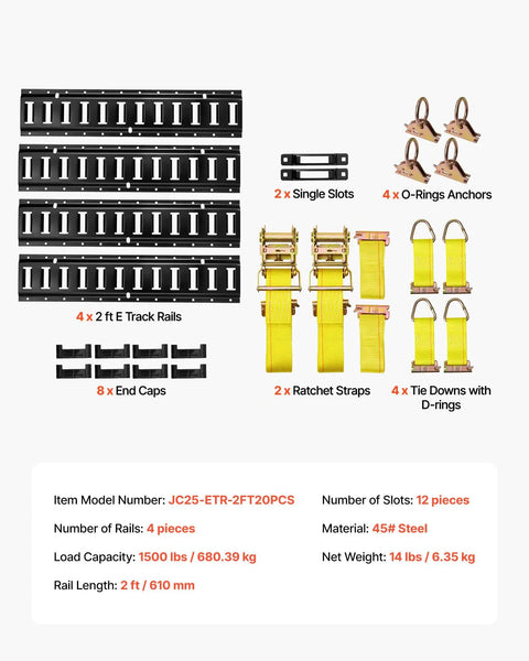Image of E Track Tie Down Rail Kit 4 Pack 2 Ft Rails With Ratchet Straps 20 Piece Set for Garages, Vans, and Trailers components.