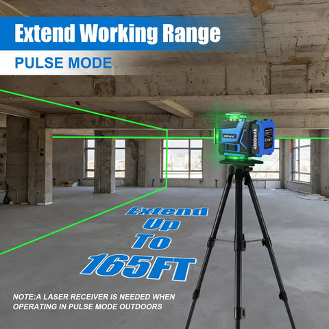 Pro Grade Laser Level With Tripod And Outdoor Receiver, 4x360 Degree Green Lines, Self Leveling To 165 Ft, 16 Ultra Bright Lines, Built Tough For Outdoors, Dual 4800mAh Rechargeable Batteries, Perfect For DIYers And Home Projects on tripod in unfinished room