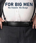 Buckle Free Leather Work Belt For Men Featuring Hook And Loop Closure Adjustable Waist worn by big man, showing no bulge under shirt.