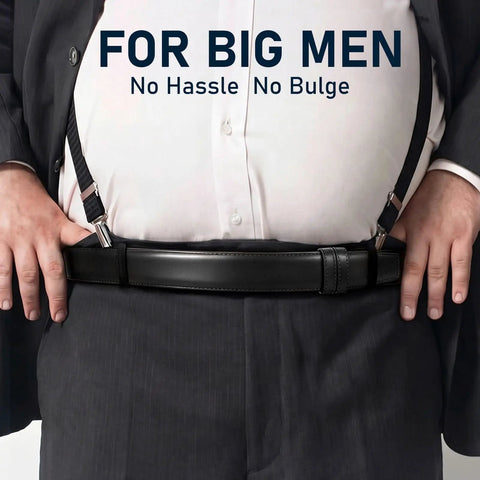 Buckle Free Leather Work Belt For Men Featuring Hook And Loop Closure Adjustable Waist worn by big man, showing no bulge under shirt.