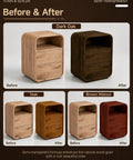 Before and after images of a wooden nightstand showing dark oak, teak, and brown walnut finishes.